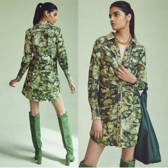PILCRO ANTHROPOLOGIE Ruched Corduroy Shirt Dress Green Abstract Size 4 - Picture 1 of 9